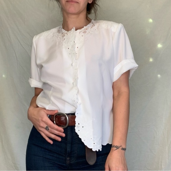 Claudia Richard Tops - Vintage White blouse with embroidered edges. Size small.